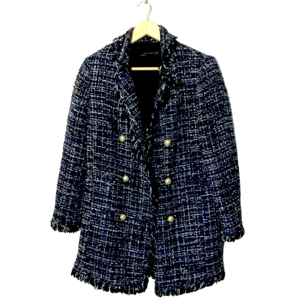 Zara Navy Tweed Double-Breasted Jacket